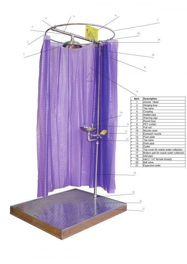 daao6602 emergency shower eyewash station with curtain and waste water collection tray