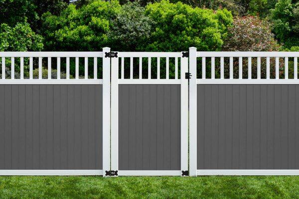6’ x 6’ belfast spindle top privacy fence panels and gate gray white