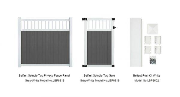 6’ x 6’ belfast spindle top privacy fence panels and gate gray white
