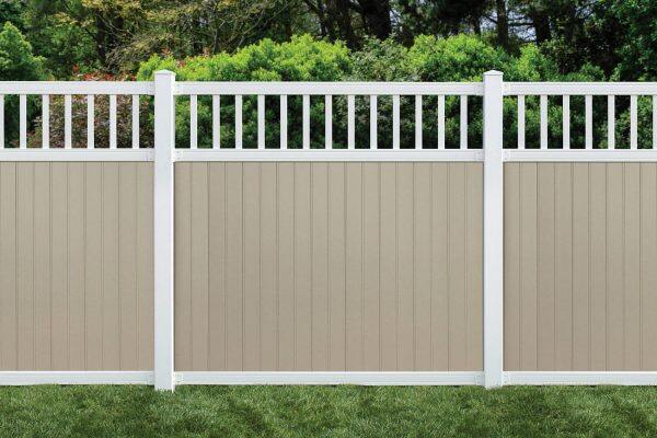 6’ x 6’ belfast spindle top privacy fence panels and gate tan white