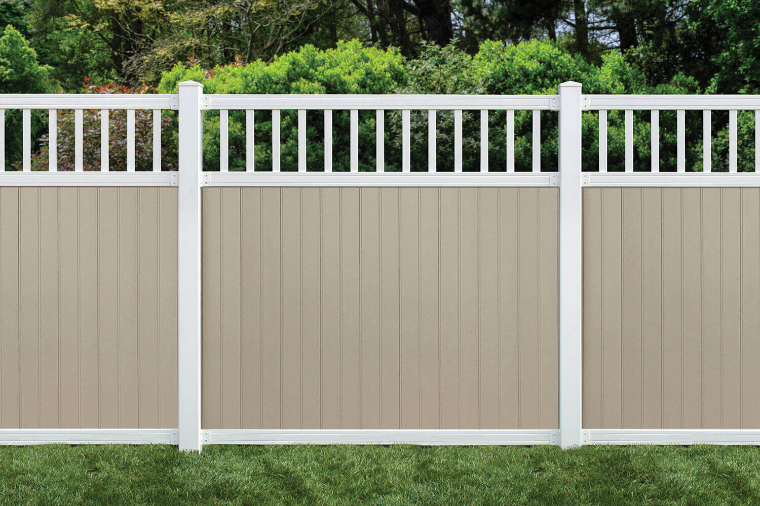 6’ x 6’ belfast spindle top privacy fence panels and gate tan white