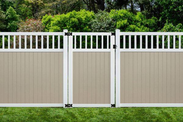 6’ x 6’ belfast spindle top privacy fence panels and gate tan white