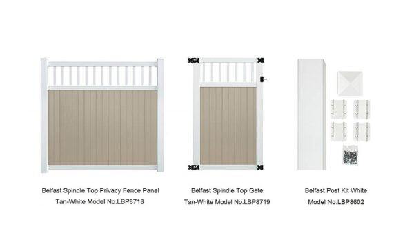 6’ x 6’ belfast spindle top privacy fence panels and gate tan white
