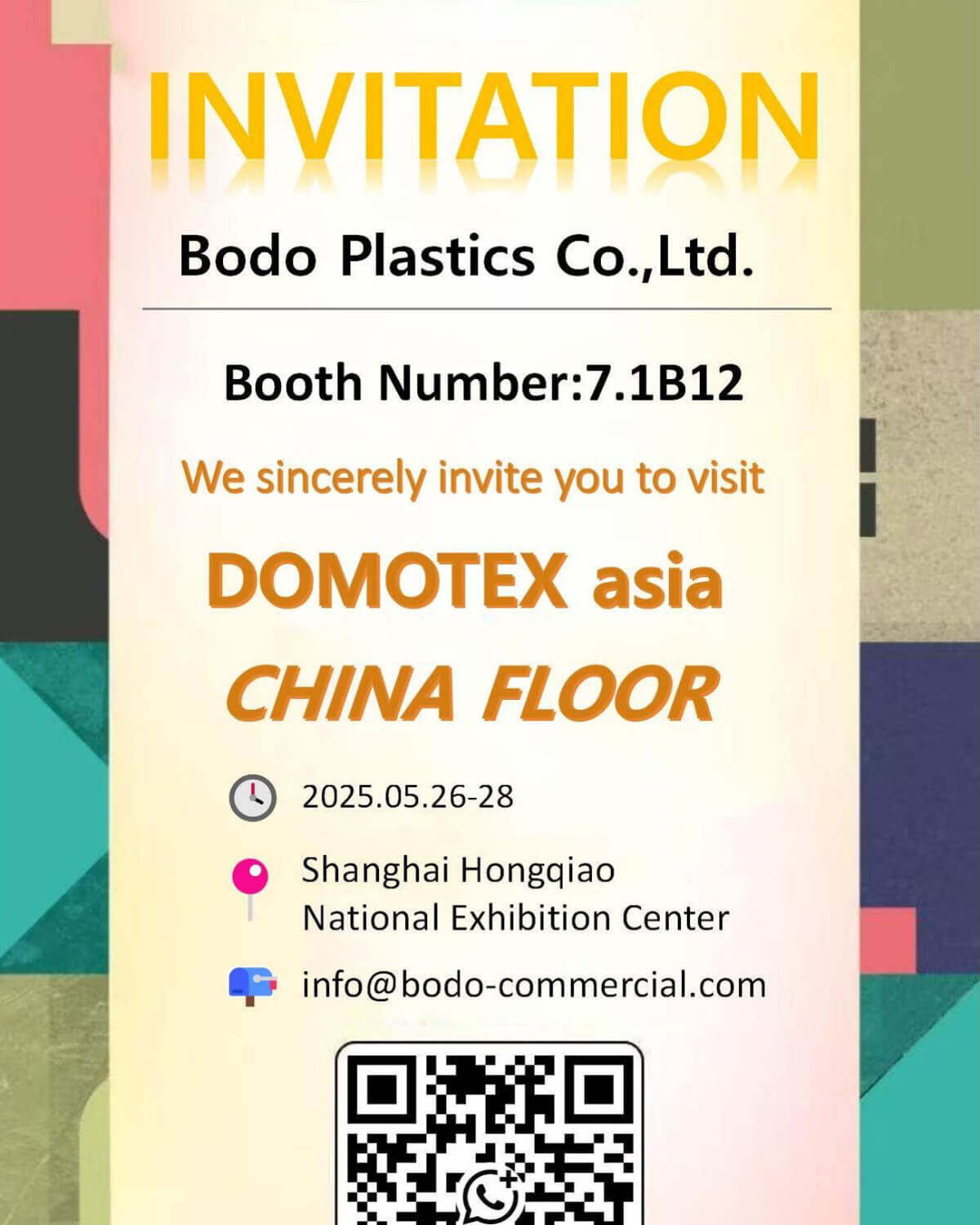 Bodo presenteert vinylvloeren en pvc-profielen op Domotex Asia 2025 in Shanghai. Uitnodigingsbrief
