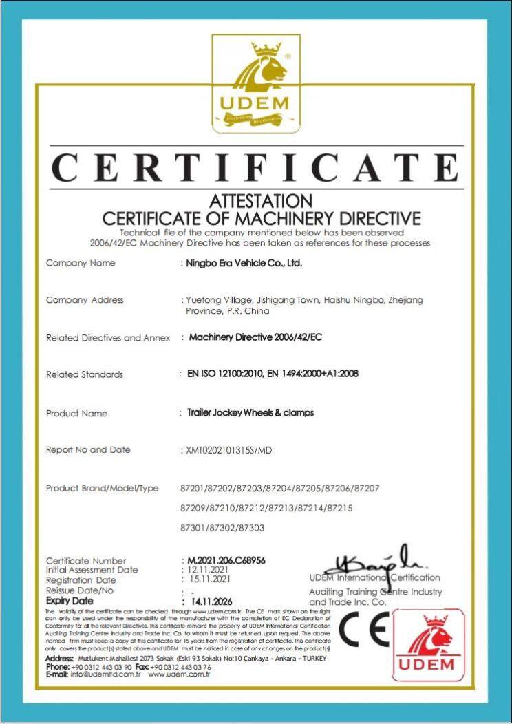 CE Certificate Machinery Directive Trailer Jockey Wheel Udem
