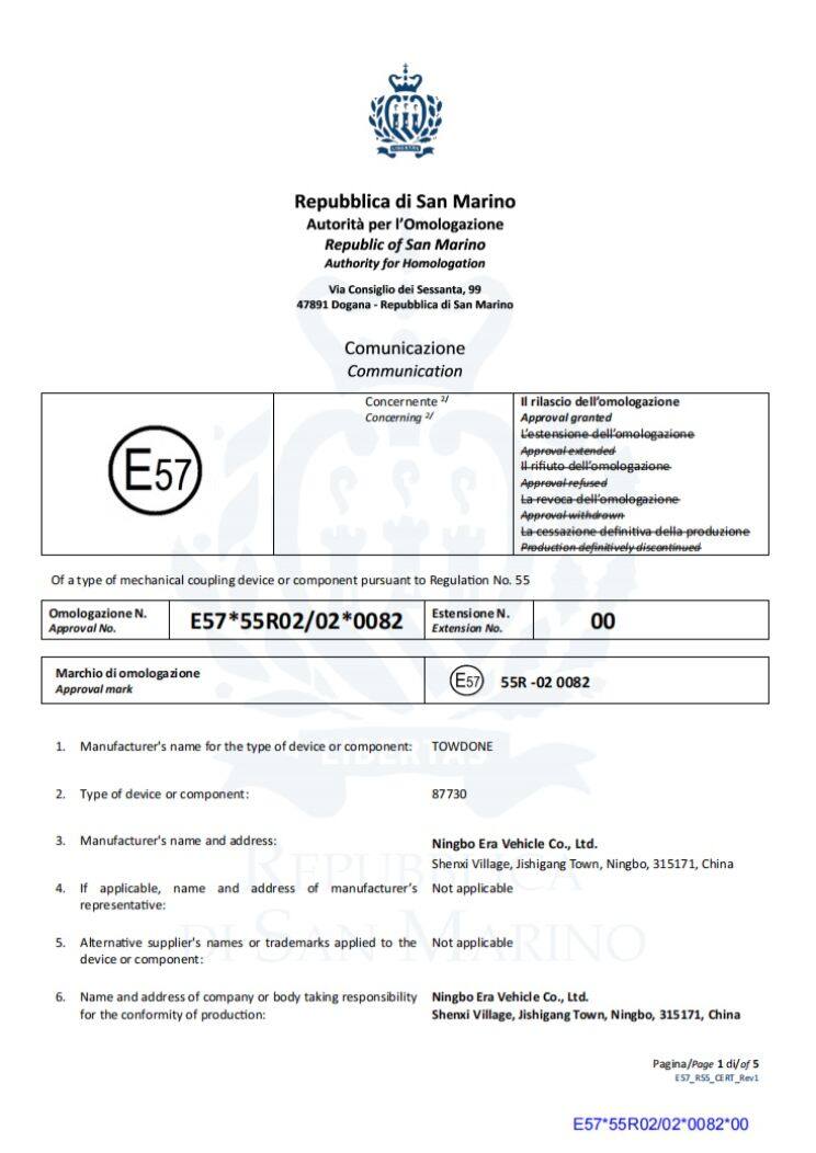 E57 E Mark Certificate Vehicle Coupling Device