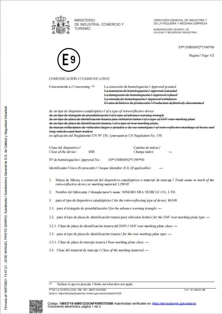 E9 Homologation Retro Reflective Device Approval Ningbo Era Vehicle