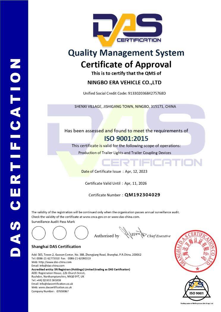 ISO9001 2015 Quality Management Certificate-Ningbo Era Vehicle
