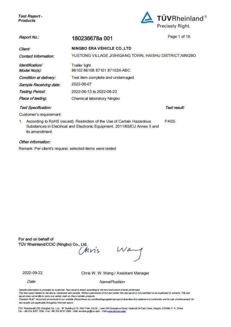 Rohs Test Report Trailer Light Tuv Rheinland