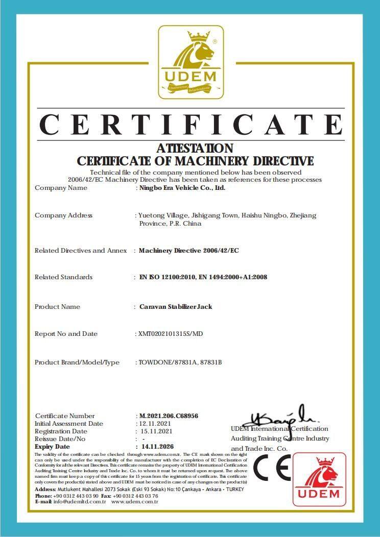 Towdone Caravan Stabilizer Jack Machinery Directive Certificate