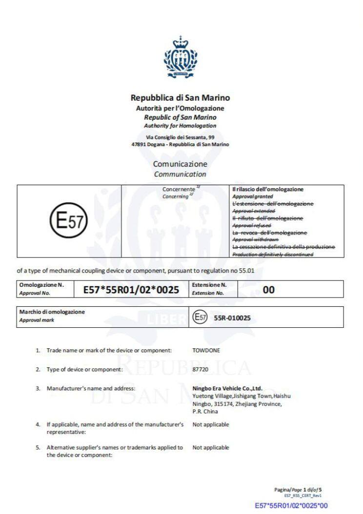 Towdone E57 Mechanical Coupling Approval Certificate